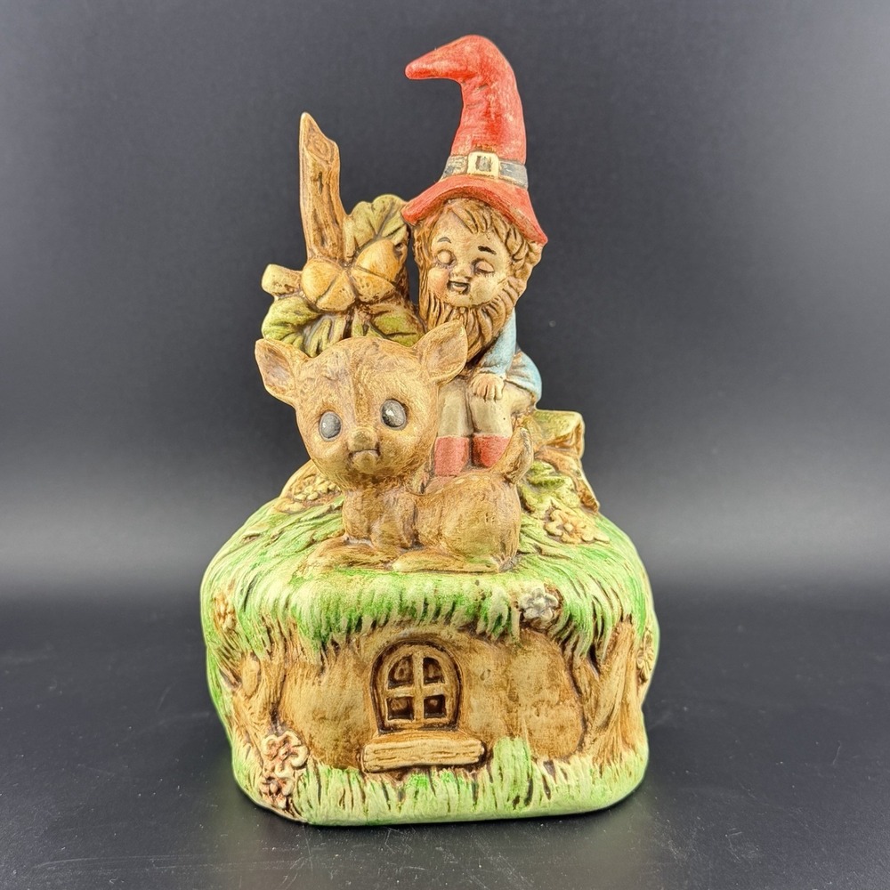 Vintage Ceramic Gnome Figurine Woodland Deer Fairy Garden House Cottagecore